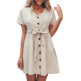 V-Neck Linen Dress Short Sleeve