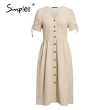 V-Neck Linen Dress Short Sleeve